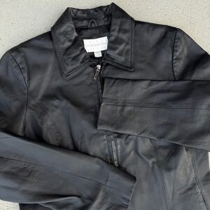 Worthington Black Leather Jacket Womens Medium Full Zip Nappa Leather Coat